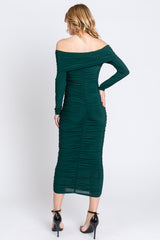 Forest Green Off Shoulder Mesh Ruched Midi Dress