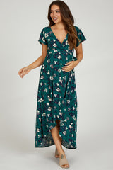 Forest Green Floral Wrap Front V-Neck Hi-Low Maternity Midi Dress