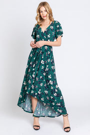 Forest Green Floral Wrap Front V-Neck Hi-Low Midi Dress