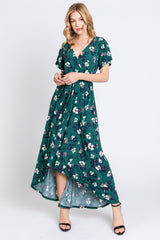 Forest Green Floral Wrap Front V-Neck Hi-Low Maternity Midi Dress