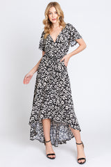 Black Animal Print Wrap Front V-Neck Hi-Low Maternity Midi Dress