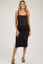 Black Ring Accent Strap Maternity Midi Dress