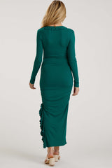 Forest Green Ruffle Ruched Long Sleeve Maternity Maxi Dress