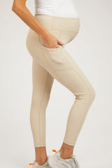 Beige Ribbed Maternity Active Leggings