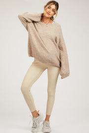 Beige Ribbed Maternity Active Leggings