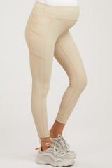 Beige Ribbed Maternity Active Leggings