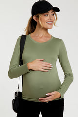 Light Olive Knit Long Sleeve Round Hem Maternity Top