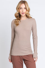 Beige Knit Long Sleeve Round Hem Maternity Top