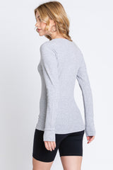 Heather Grey Waffle Knit Basic Long Sleeve Top