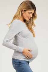 Heather Grey Waffle Knit Basic Long Sleeve Maternity Top