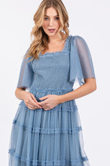 Blue Ruffled Mesh Maxi Dress