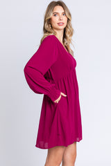 Magenta V-Neck Long Sleeve Dress