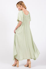 Light Olive Front Tie Puff Sleeve Maxi Dress