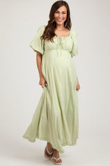 Light Olive Front Tie Puff Sleeve Maternity Maxi Dress