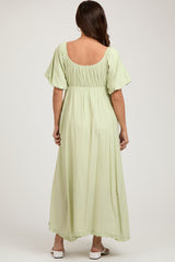 Light Olive Front Tie Puff Sleeve Maternity Maxi Dress