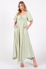 Light Olive Front Tie Puff Sleeve Maxi Dress