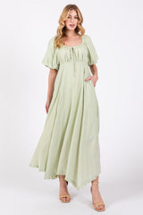 Light Olive Front Tie Puff Sleeve Maxi Dress