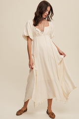 Cream Front Tie Puff Sleeve Maxi Dress