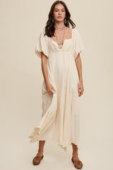 Cream Front Tie Puff Sleeve Maxi Dress