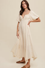 Cream Front Tie Puff Sleeve Maxi Dress