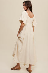 Cream Front Tie Puff Sleeve Maxi Dress