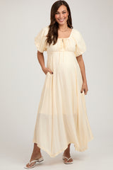 Cream Front Tie Puff Sleeve Maternity Maxi Dress