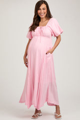 Pink Front Tie Puff Sleeve Maternity Maxi Dress