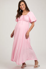 Pink Front Tie Puff Sleeve Maternity Maxi Dress