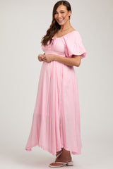 Pink Front Tie Puff Sleeve Maternity Maxi Dress