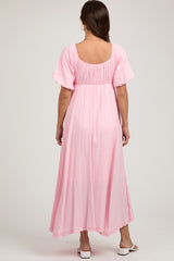 Pink Front Tie Puff Sleeve Maternity Maxi Dress