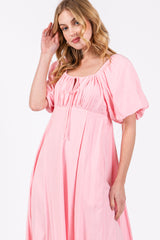 Pink Front Tie Puff Sleeve Maxi Dress