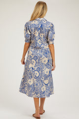 Blue Floral Collared Tiered Maternity Midi Dress