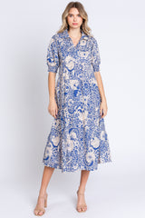 Blue Floral Collared Tiered Maternity Midi Dress