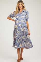 Blue Floral Collared Tiered Maternity Midi Dress