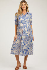 Blue Floral Collared Tiered Maternity Midi Dress