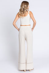 Beige Linen Wide Leg Lace Trim Pants