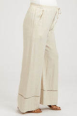 Beige Linen Wide Leg Lace Trim Maternity Pants