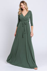 PinkBlush Light Olive Draped 3/4 Sleeve Maxi Dress