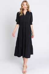 Black Short Sleeve Tiered Midi Dress