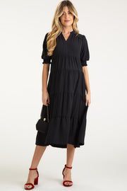 Black Short Sleeve Tiered Maternity Midi Dress