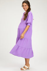 Lavender Short Sleeve Tiered Maternity Midi Dress