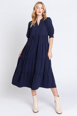 Navy Short Sleeve Tiered Maternity Midi Dress