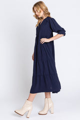 Navy Short Sleeve Tiered Midi Dress