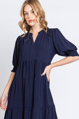 Navy Short Sleeve Tiered Midi Dress