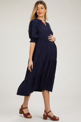 Navy Short Sleeve Tiered Maternity Midi Dress