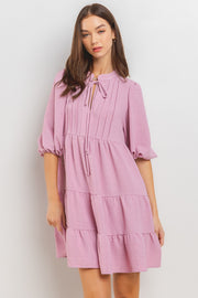 Pink Pleated Front Tie Tiered Dress