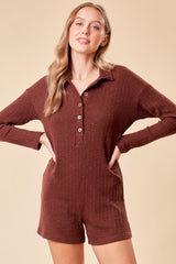 Brown Rib Knit Collared Maternity Romper