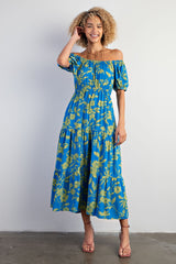 Blue Floral Off Shoulder Puff Sleeve Maternity Midi Dress