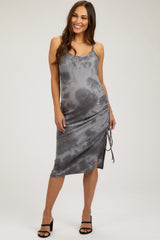 Charcoal Tie Dye Waffle Knit Side Ruched Maternity Midi Dress