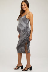 Charcoal Tie Dye Waffle Knit Side Ruched Maternity Midi Dress